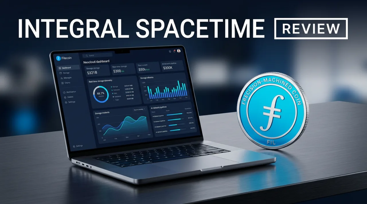 Integral Spacetime review cover with enterprise Filecoin storage dashboard and branded review badge.
