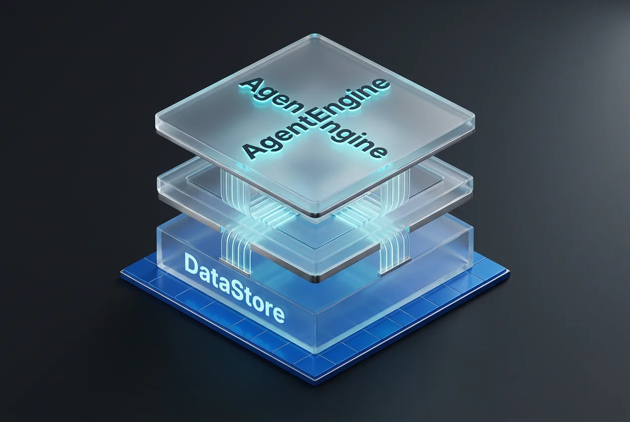 3D isometric infographic showing VAST AI OS architecture layers including AgentEngine and DataStore.