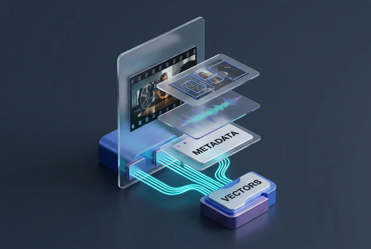 3D infographic illustrating Versos AI video indexing, metadata extraction, and vector embedding layers.