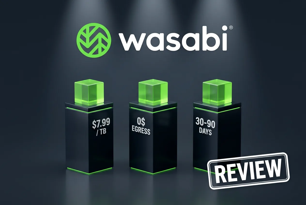 3D infographic pillars showing Wasabi hot cloud storage price per TB, zero egress, and retention rules.