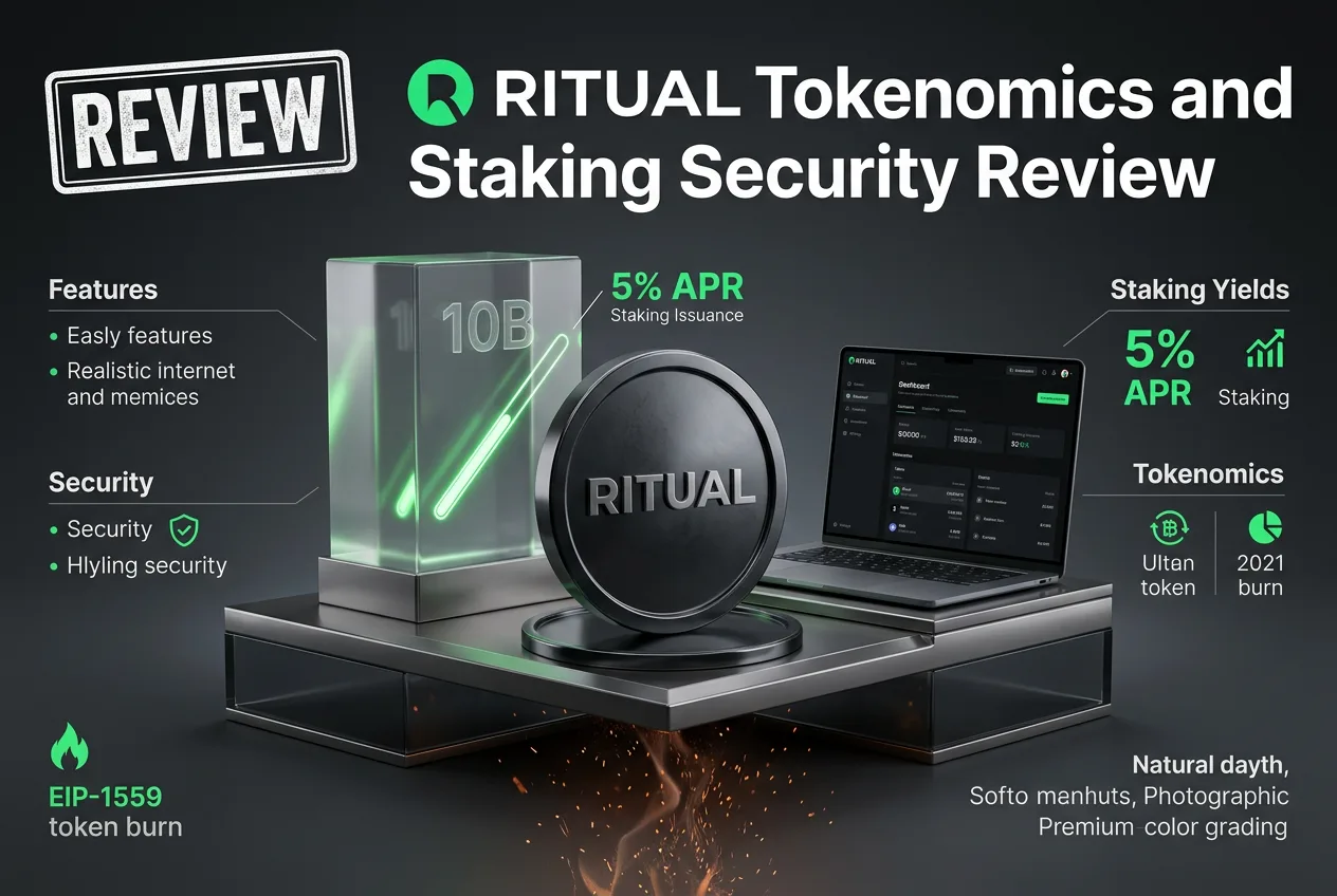 Ritual tokenomics diagram showing 10B token supply, 5 percent staking rewards, and EIP-1559 burn mechanics.