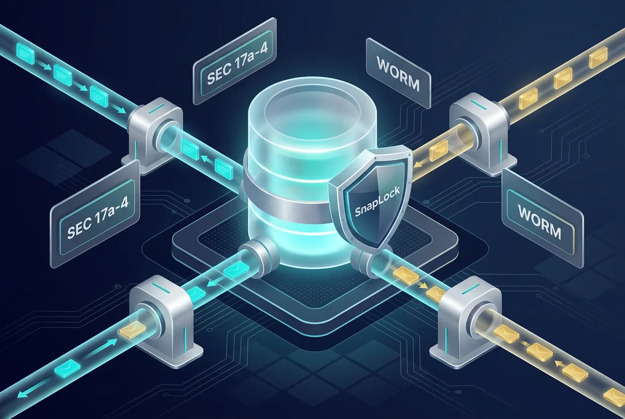 Isometric 3D graphic illustrating NetApp ONTAP SnapLock WORM compliance and ransomware protection architecture
