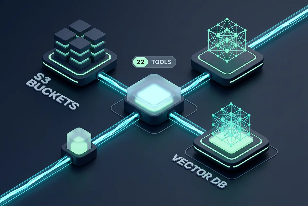 Isometric 3D diagram showing AIOZ Storage MCP server connecting AI agents to S3 buckets and vector databases.