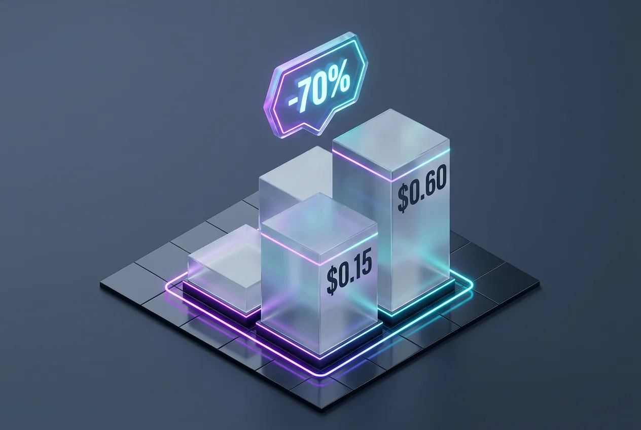 3D data chart displaying MiniMax API token pricing and cost reduction metrics.