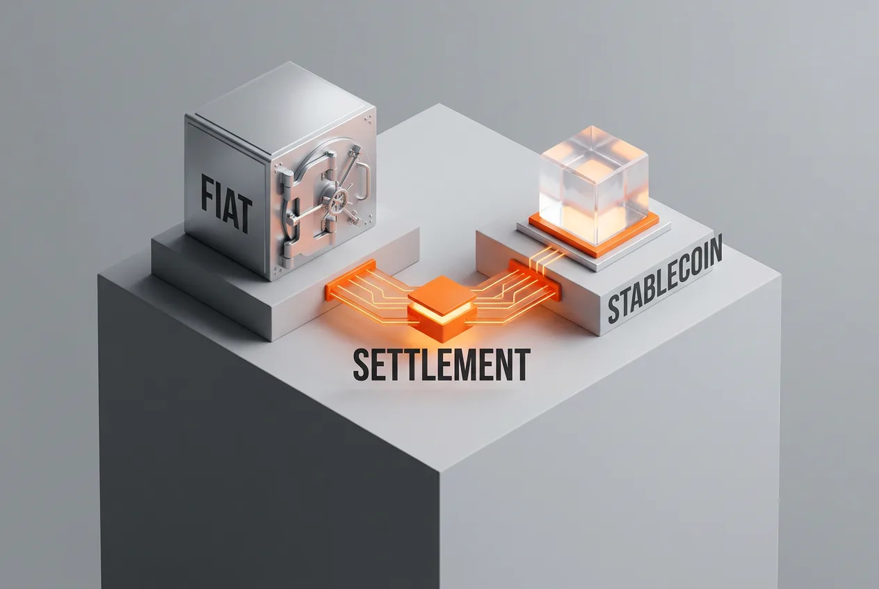 Infographic showing Fiserv bridge connecting fiat banking rails with tokenized stablecoin settlement.