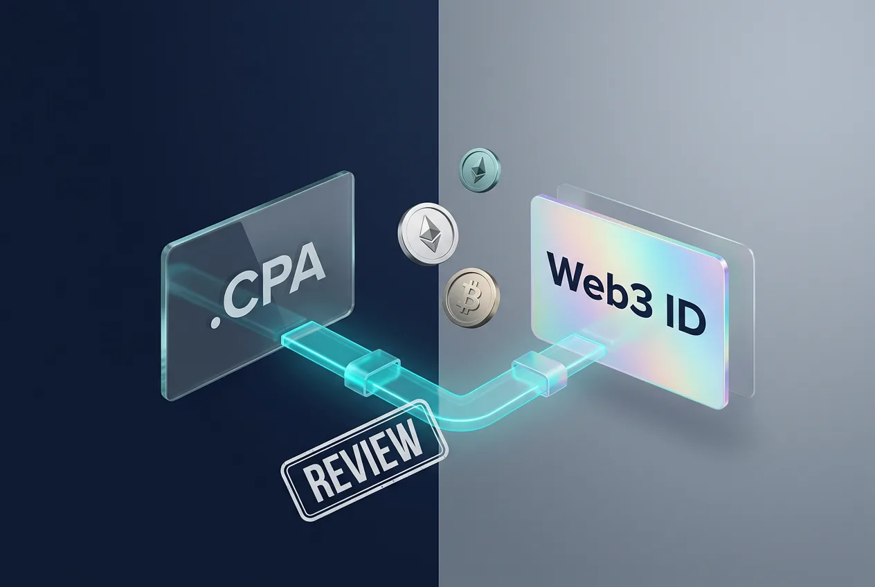 3D diagram showing traditional ICANN domain transforming into a Web3 decentralized identity