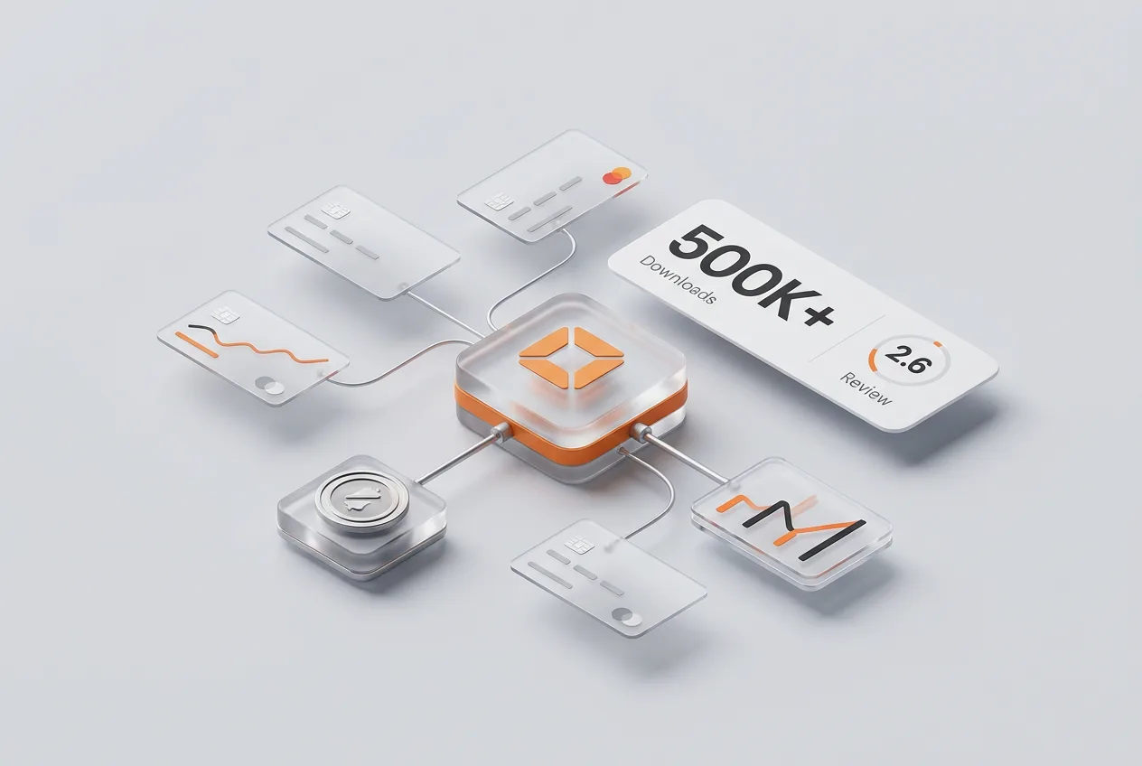 3D infographic of Remita multi-bank hub displaying 500K+ downloads and performance metrics.