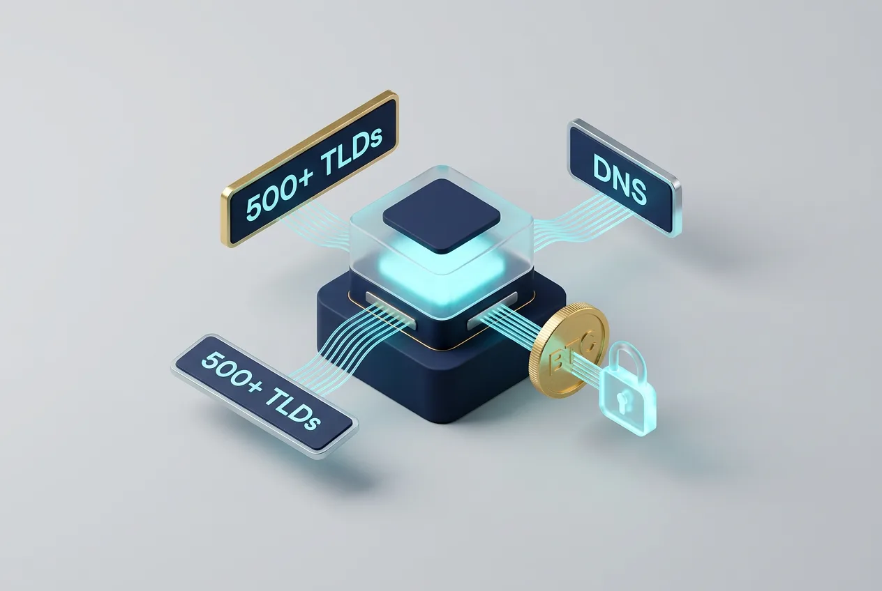 Isometric 3D infographic showing DotWee domain registrar features, DNS tools, and crypto checkout.