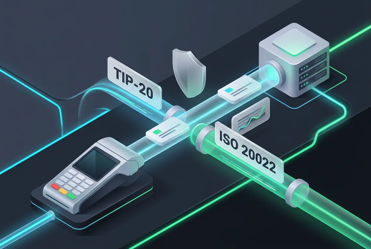 Isometric 3D diagram of Tempo blockchain payment rails showing TIP-20 and ISO 20022 data settlement.