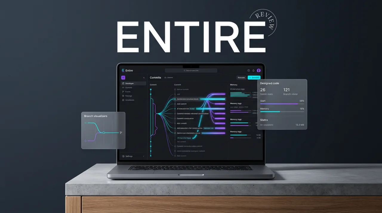 Entire AI code hosting platform review cover featuring a developer interface on a laptop with editorial branding.
