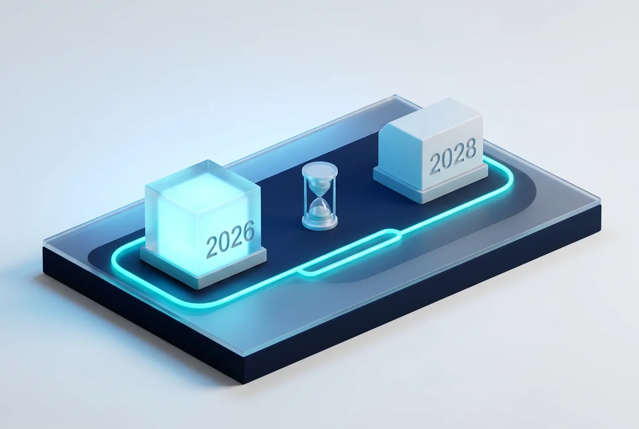 Timeline infographic showing the ICANN 2026 round milestones leading to domain delegations in 2028.