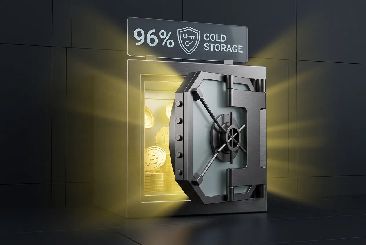 3D security vault representing WhiteBIT 96 percent cold storage reserve practices.