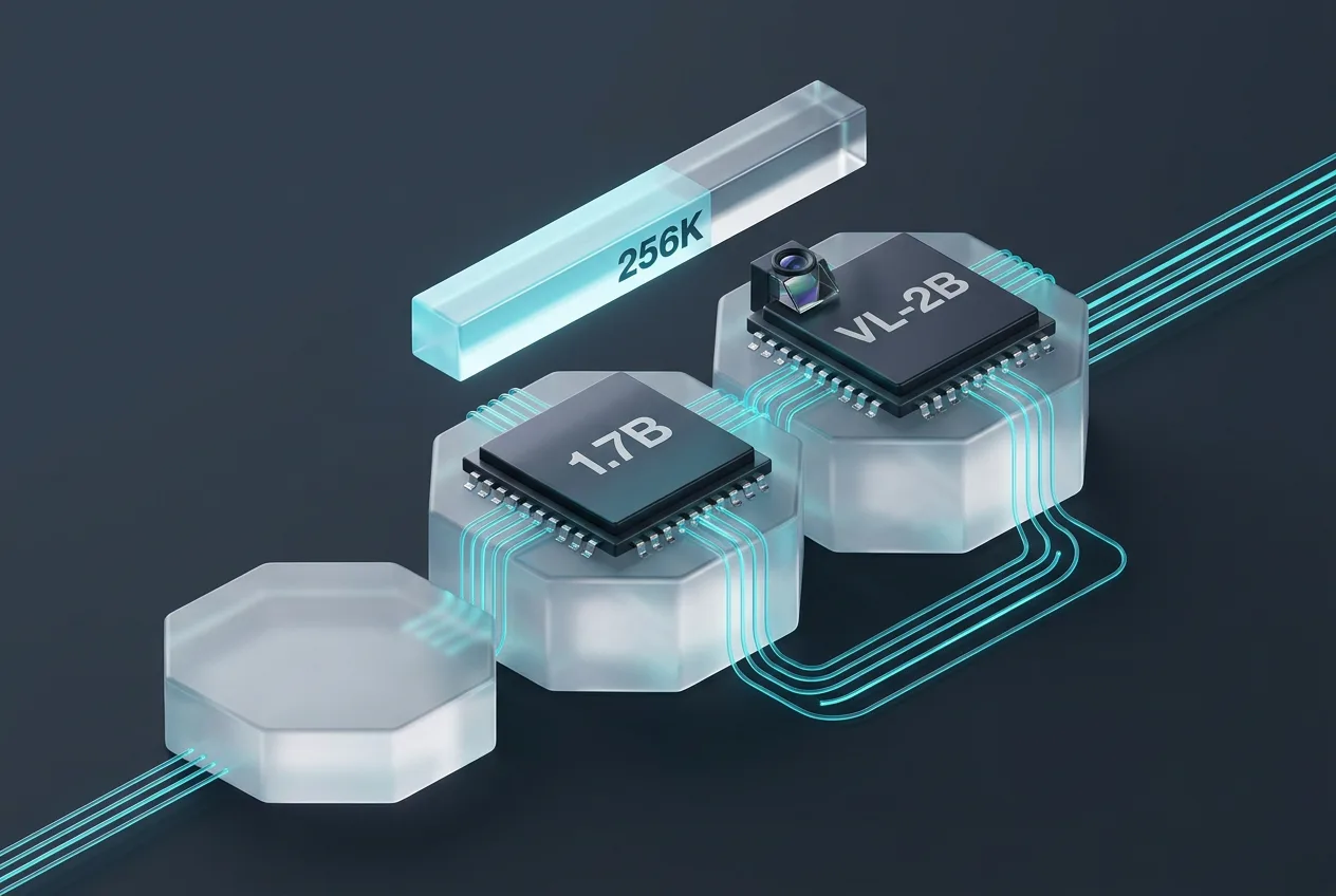 3D render of Liquid AI LFM3 chips labeled 1.7B, VL-2B, and 256K context on glass pedestals.