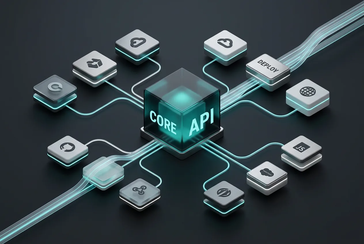 3D isometric infographic showing name.com Core API connecting to developer platforms and cloud deployments
