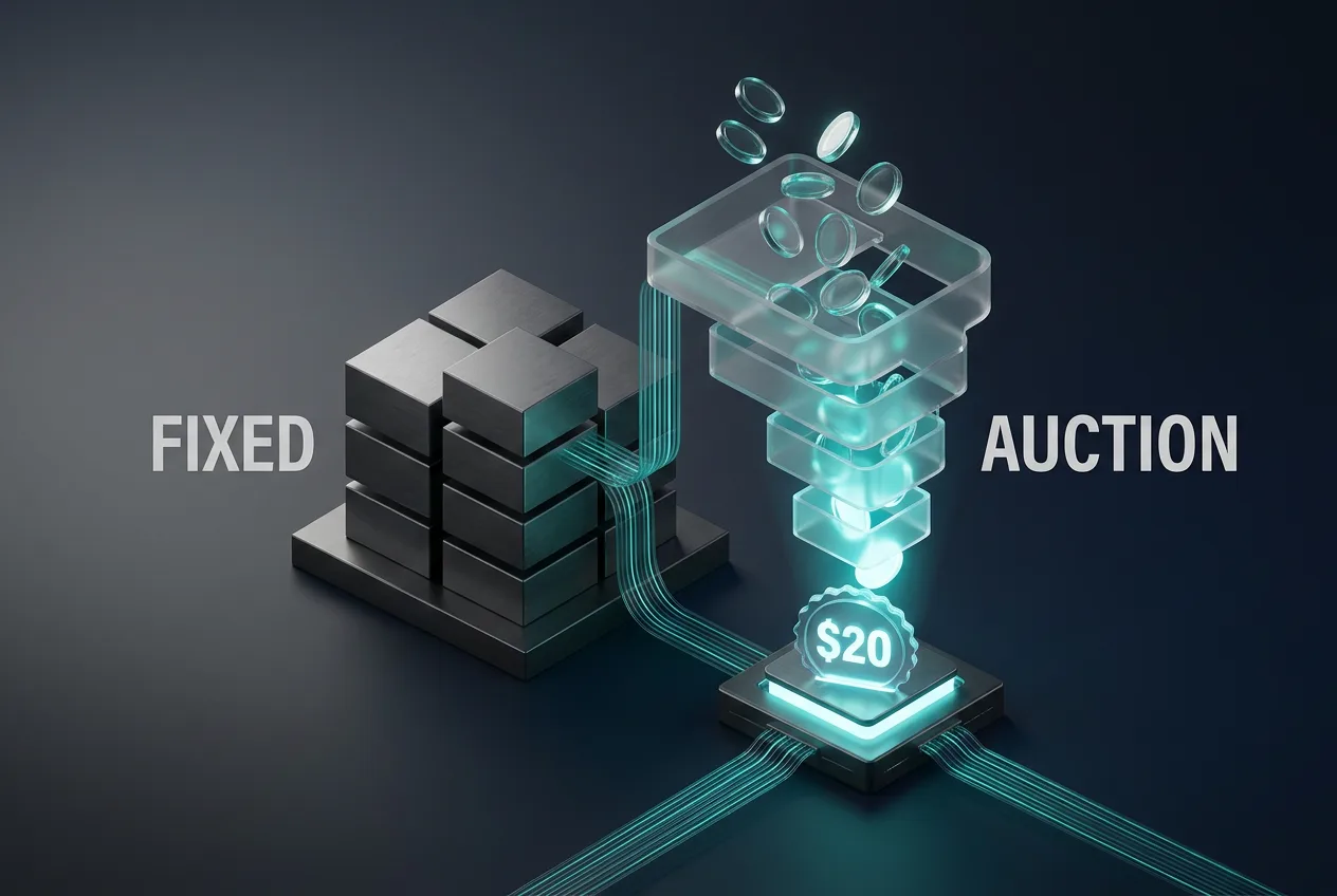 3D infographic comparing fixed LLM compute pricing against real-time dynamic auction routing.