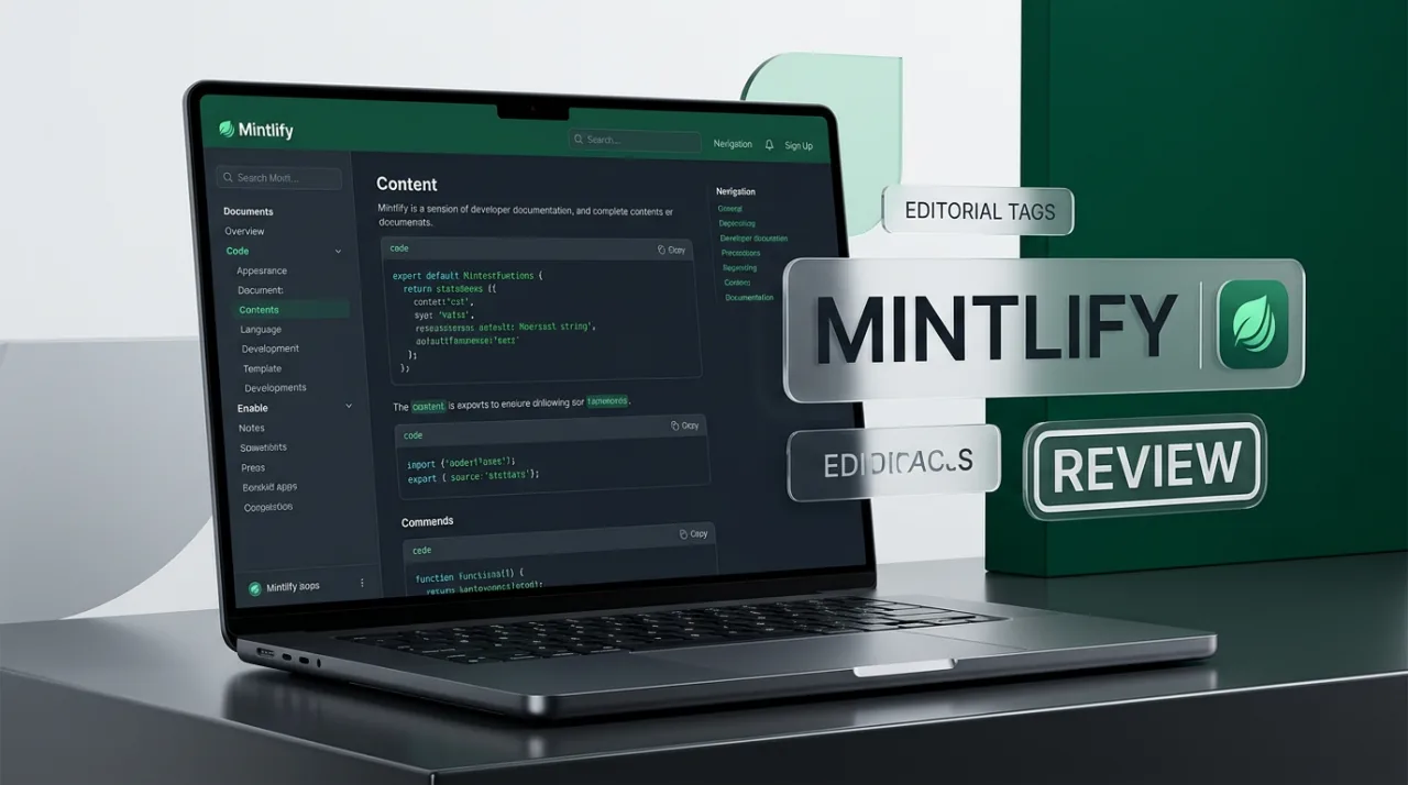 Mintlify enterprise documentation platform review cover featuring laptop interface and editorial branding elements.