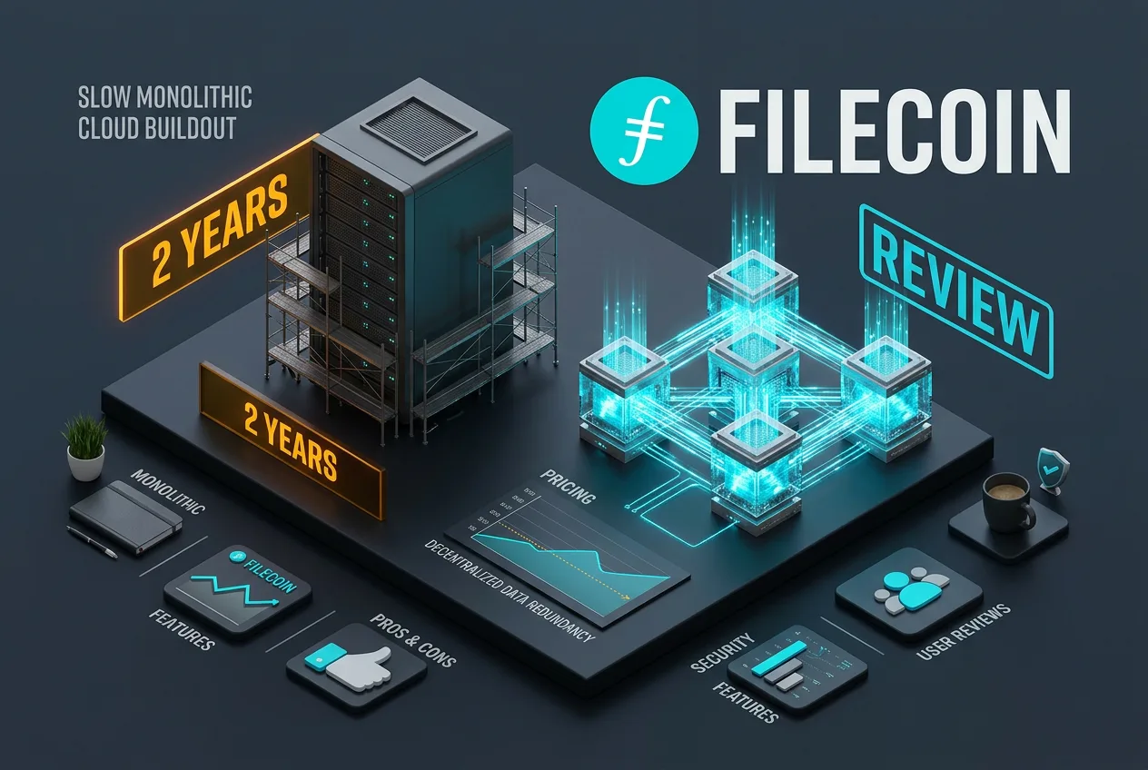 3D infographic contrasting traditional cloud buildout time with instant Filecoin decentralized storage.