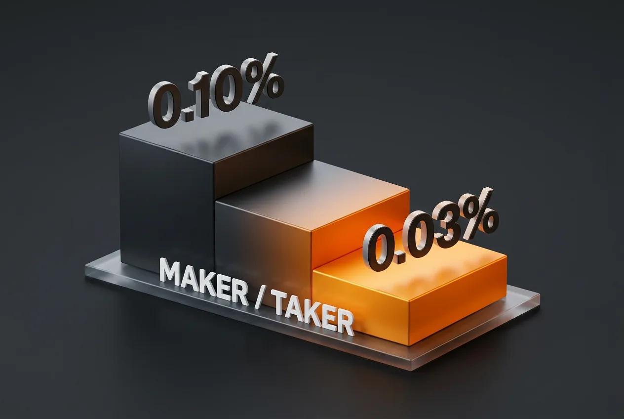 Infographic showing Bybit spot trading fee structure from 0.10% down to 0.03%.
