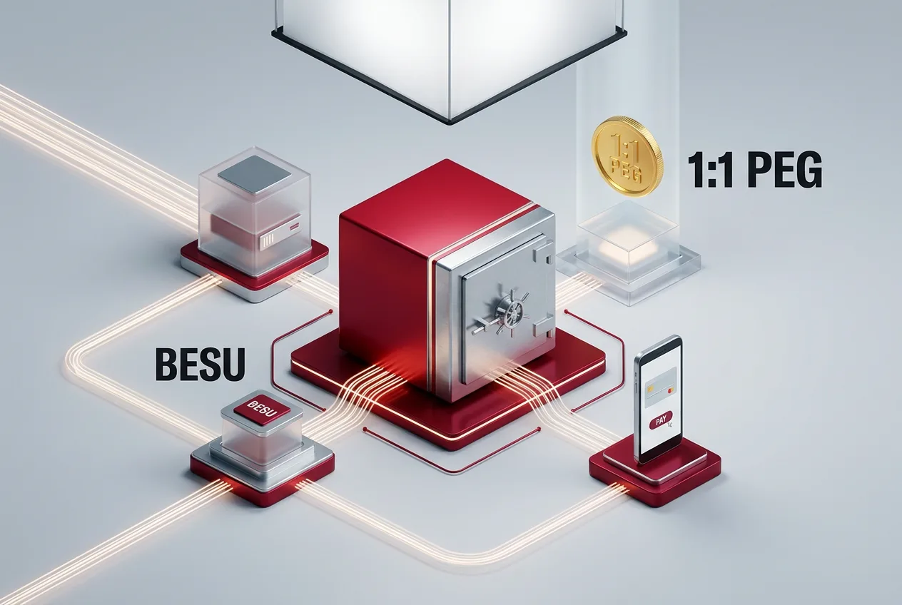 Isometric 3D diagram showing HSBC RedCoin Hyperledger Besu permissioned network architecture.