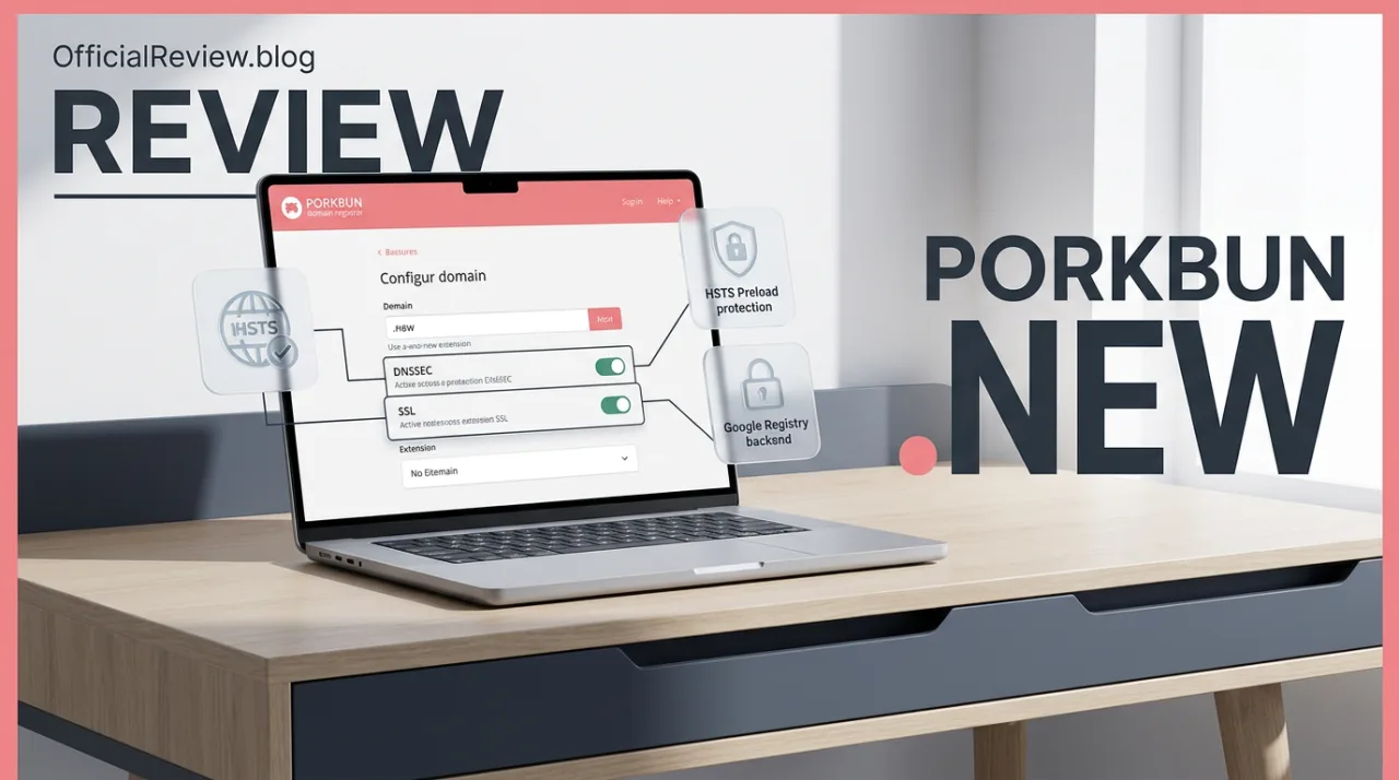 Porkbun .new domain review cover showing domain management interface, security badges, and editorial review label.