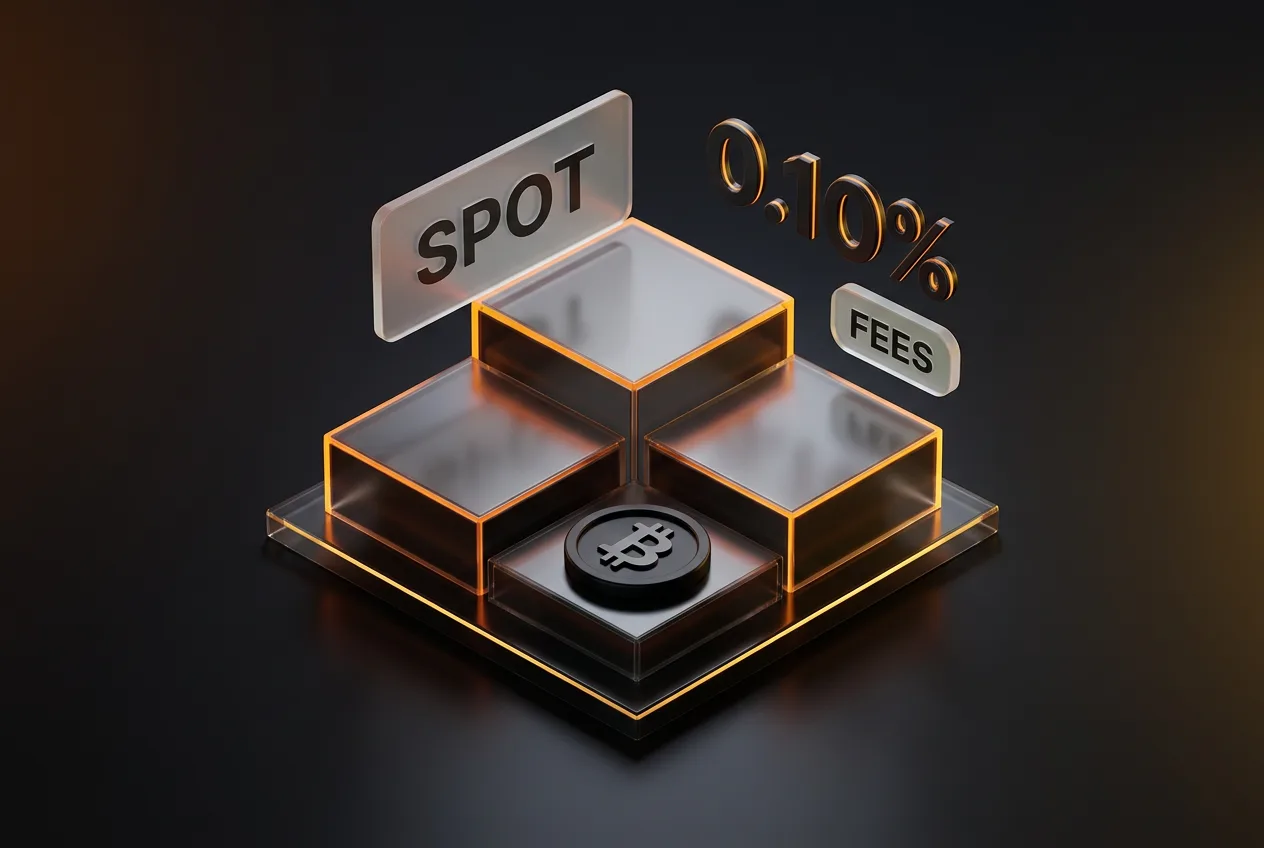 3D infographic illustrating Bybit spot trading fee structure and order execution tiers.