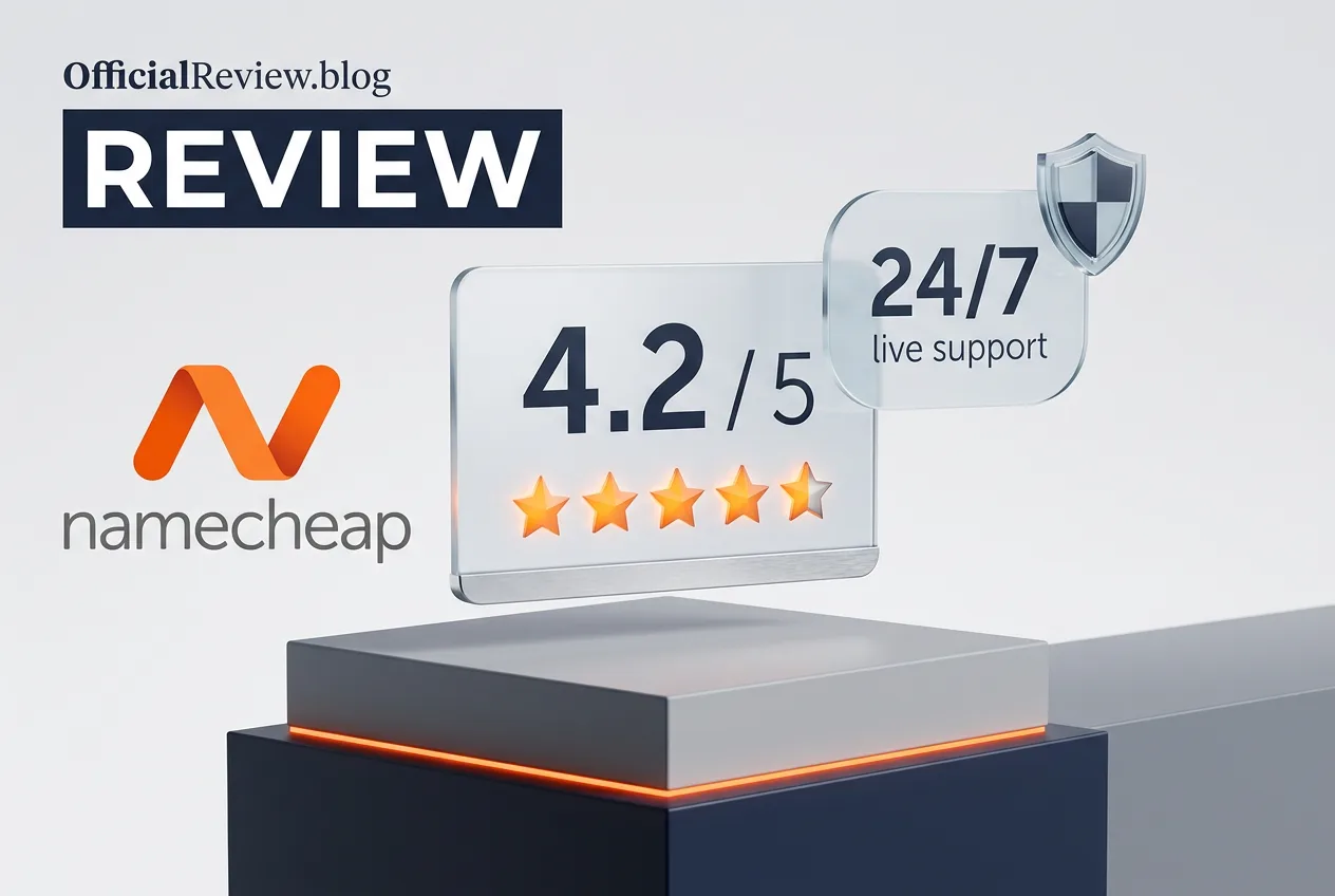 3D editorial infographic showing 4.2 out of 5 rating and 24/7 live chat support badge for Namecheap.