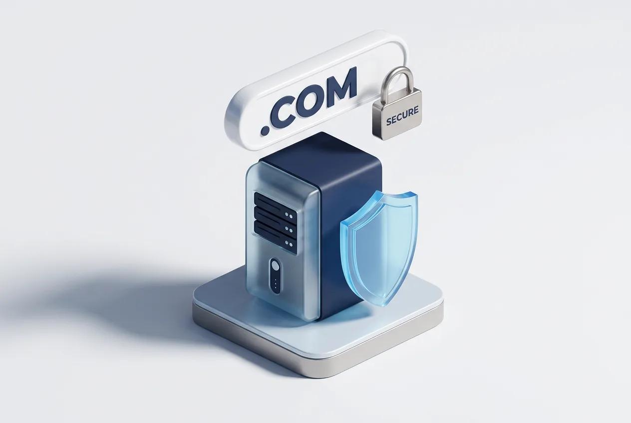 3D isometric infographic showing secure domain infrastructure and server hosting features.