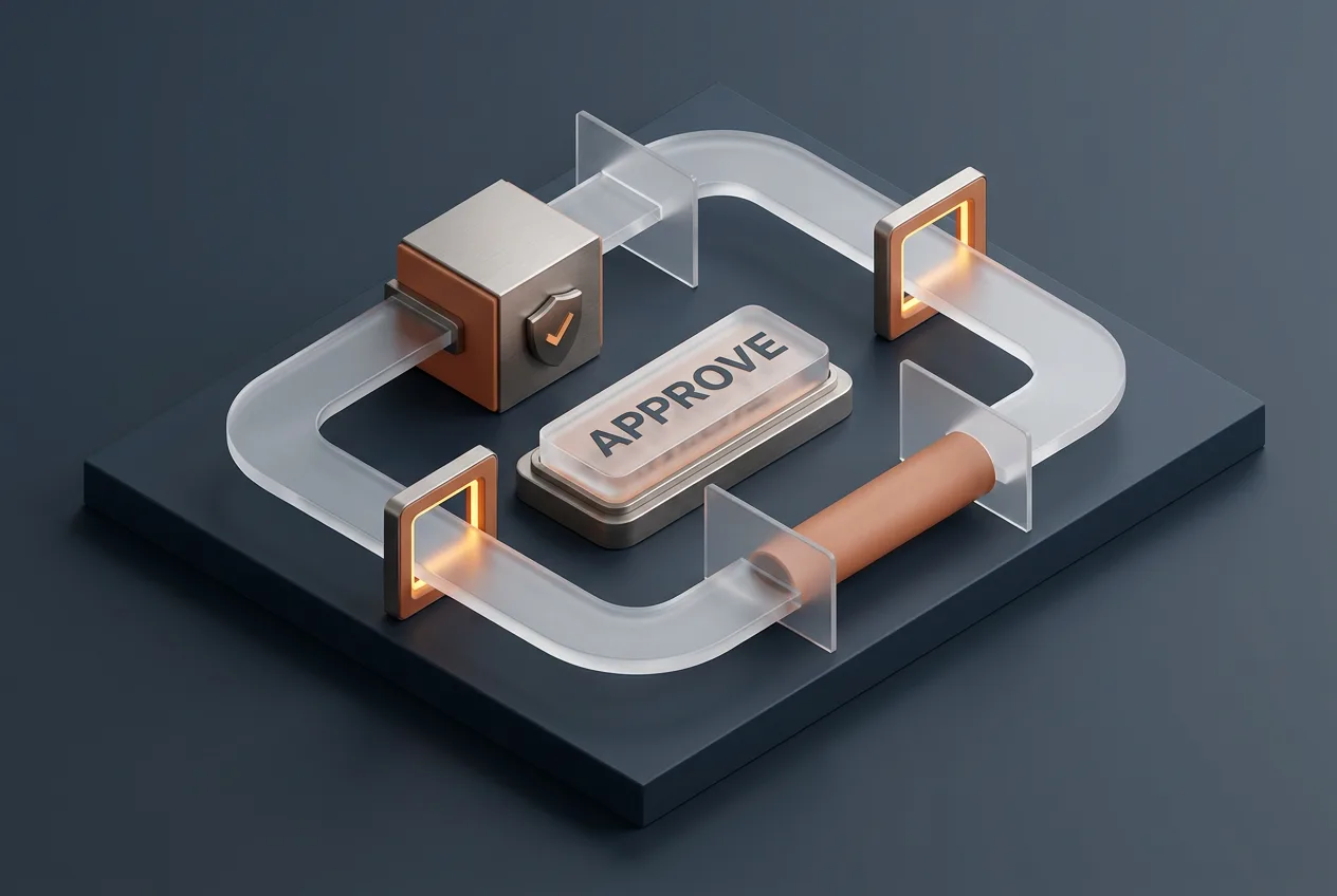 Isometric 3D infographic of Claude Duet security approval gates and credential isolation.