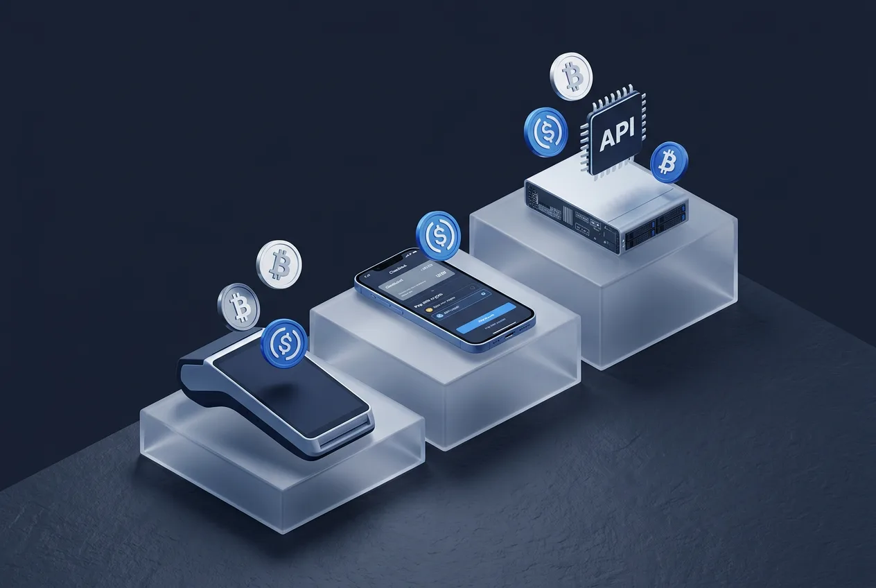 3D isometric infographic showing alternative cryptocurrency payment gateway options for merchants.