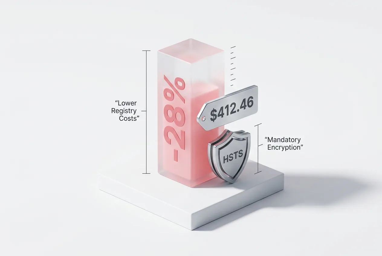 3D editorial chart comparing Porkbun .new pricing of $412.46 with a 28 percent reduction and HSTS security shield.