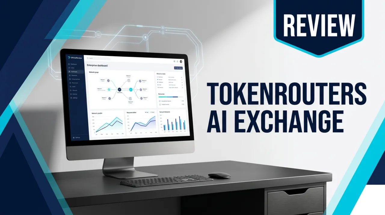 Xunce TokenRouters review cover featuring an enterprise AI dashboard on a sleek workstation.