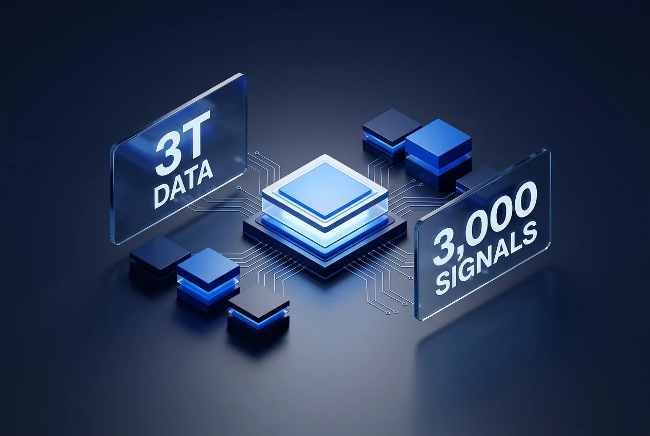 3D infographic displaying Razorpay Vulcan data metrics including 3 trillion data points and 3,000 signals.
