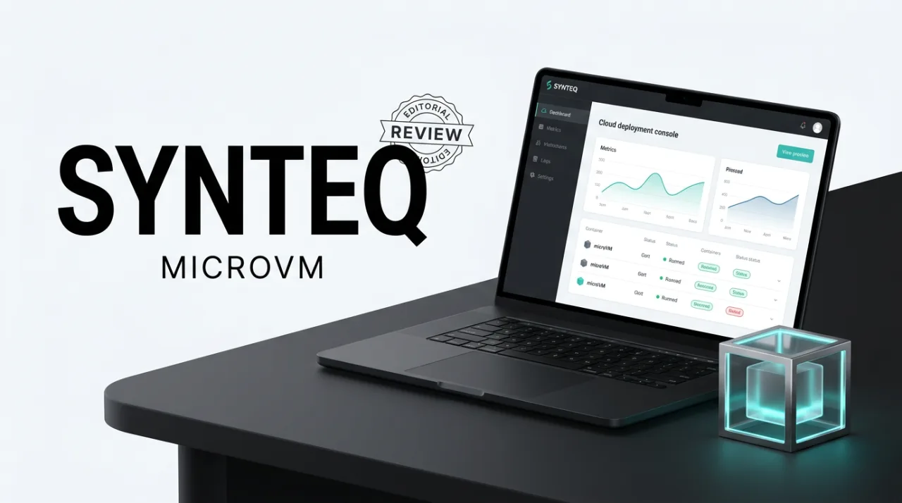 Synteq review cover showing a laptop with the cloud console, a glowing microVM cube, and a REVIEW badge.