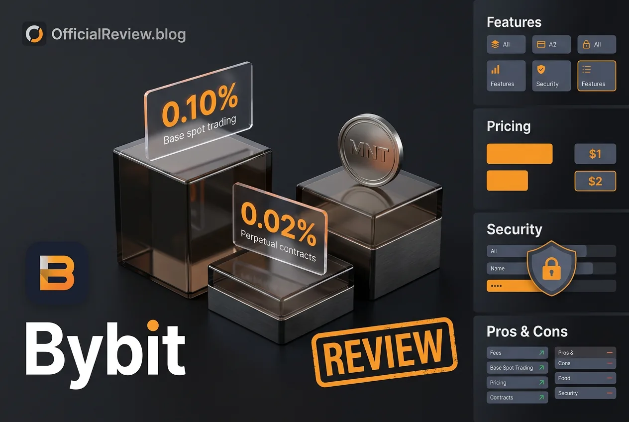 3D infographic displaying Bybit fee tiers and MNT token discount rates on sleek glass pedestals.