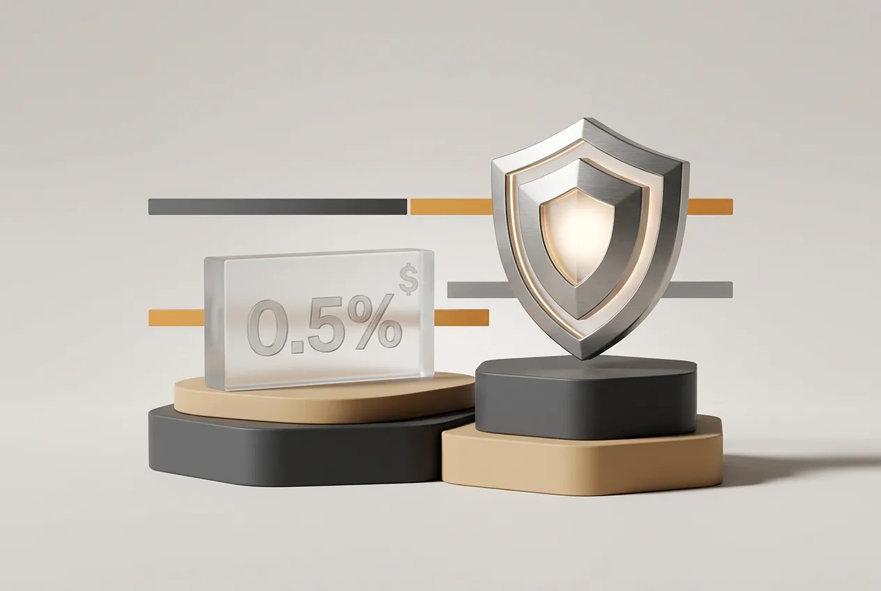 Editorial 3D infographic showing Wealthsimple crypto fee plaque of 0.5% and a security shield.