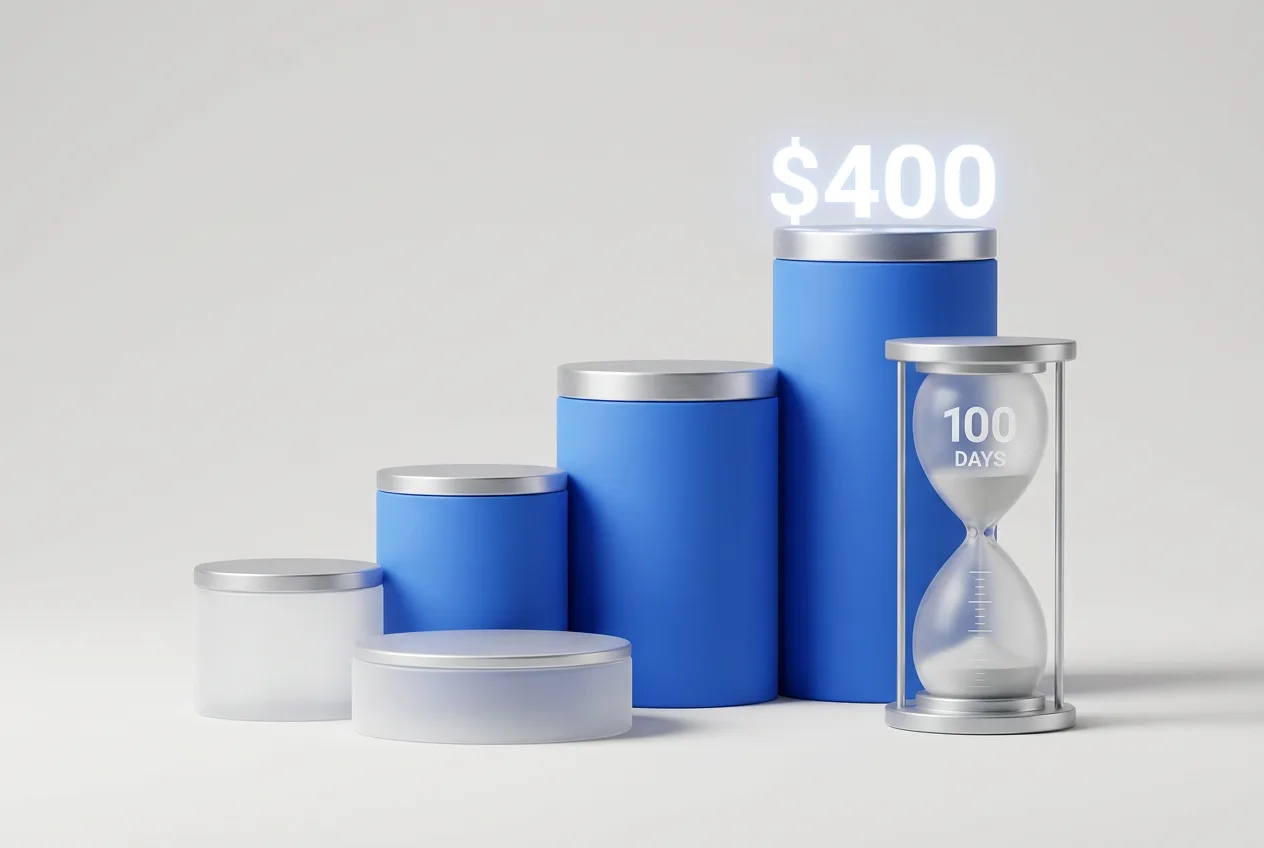 Infographic showing .new domain pricing starting at $400 and the 100-day registry policy deadline.