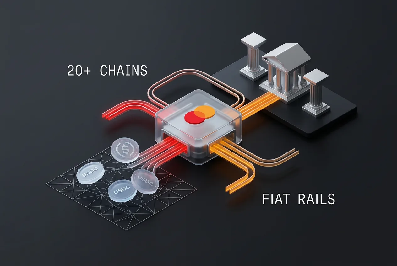 3D diagram of Mastercard Global Money Platform bridging stablecoins to real-time fiat rails.