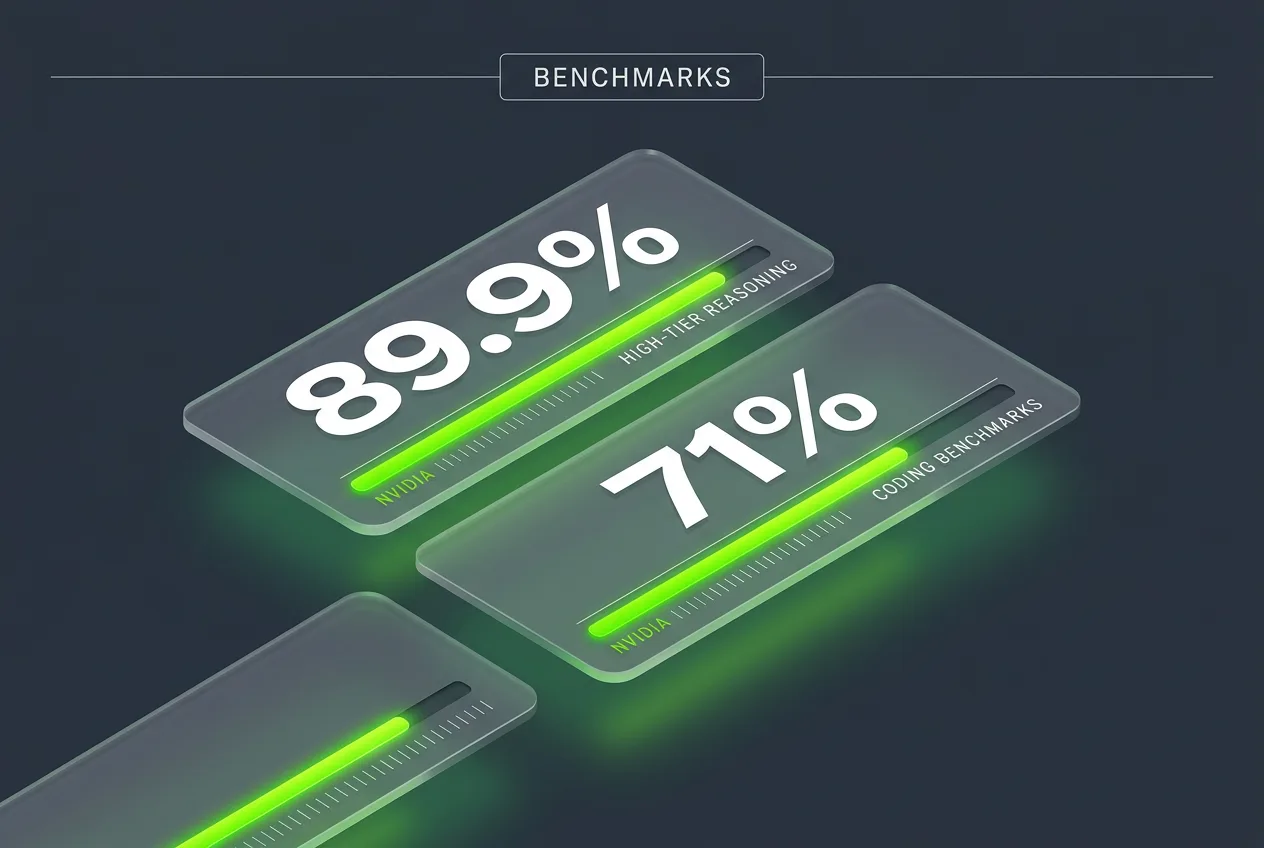 Editorial benchmark chart highlighting NVIDIA Nemotron evaluation scores across reasoning and coding.