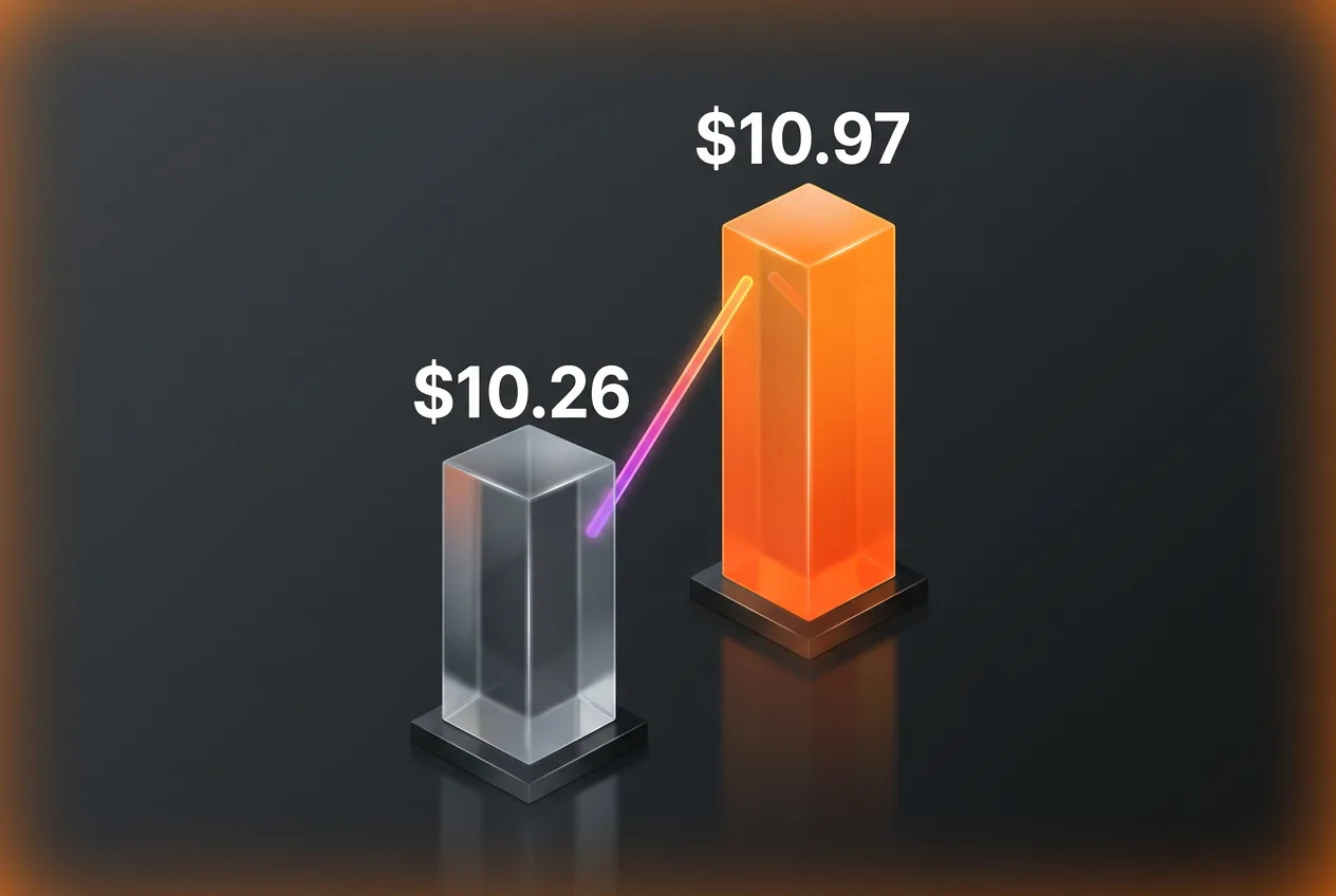 Infographic chart displaying .com domain wholesale price increase from $10.26 to $10.97 per year.