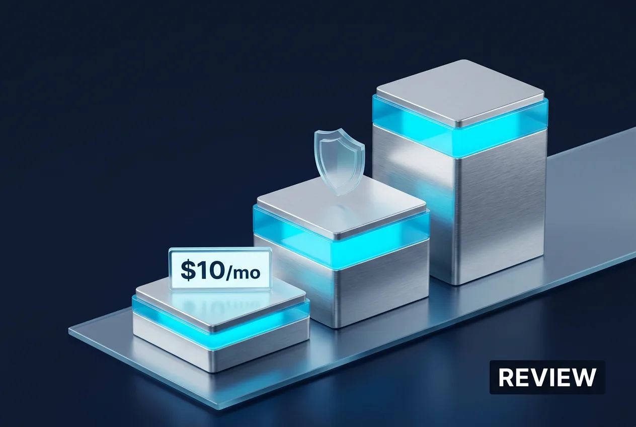 3D infographic showing Divio Cloud pricing tiers, modular server pedestals, and security shield icon.
