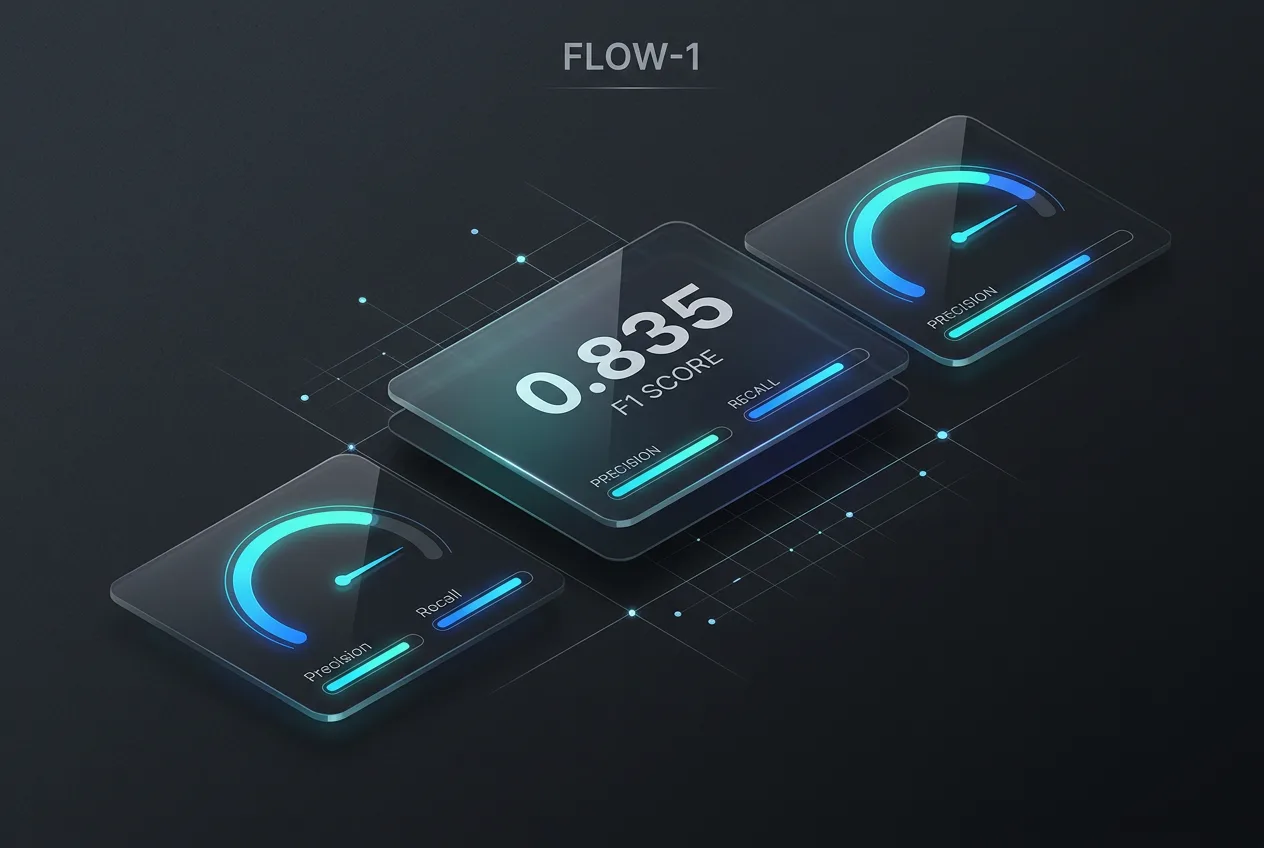 Benchmark infographic showing Laminar Flow-1 detection performance with an 0.835 F1 score metric display.