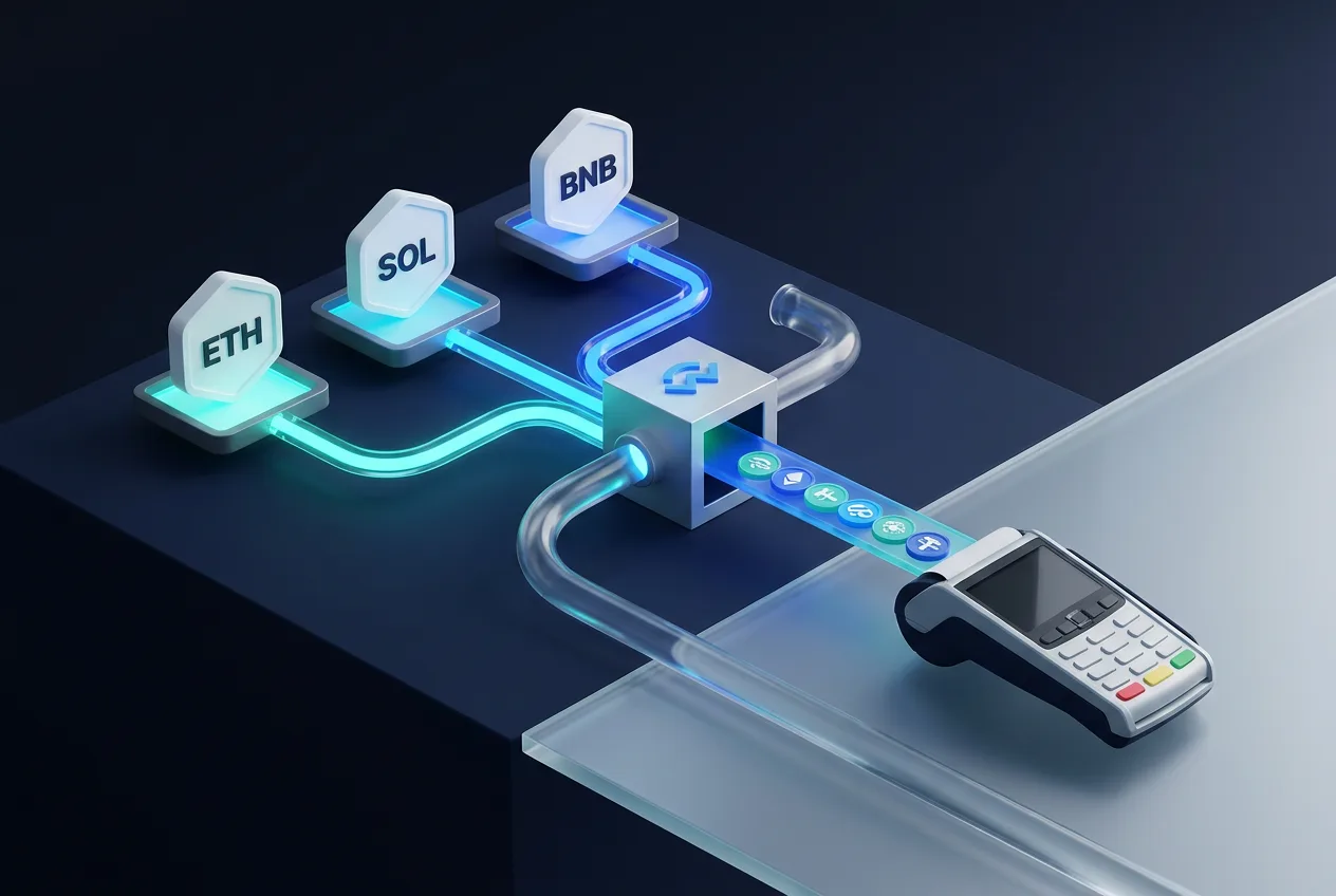 3D diagram showing Ethereum, Solana, and BNB crypto payment routes converging into WalletConnect Pay.