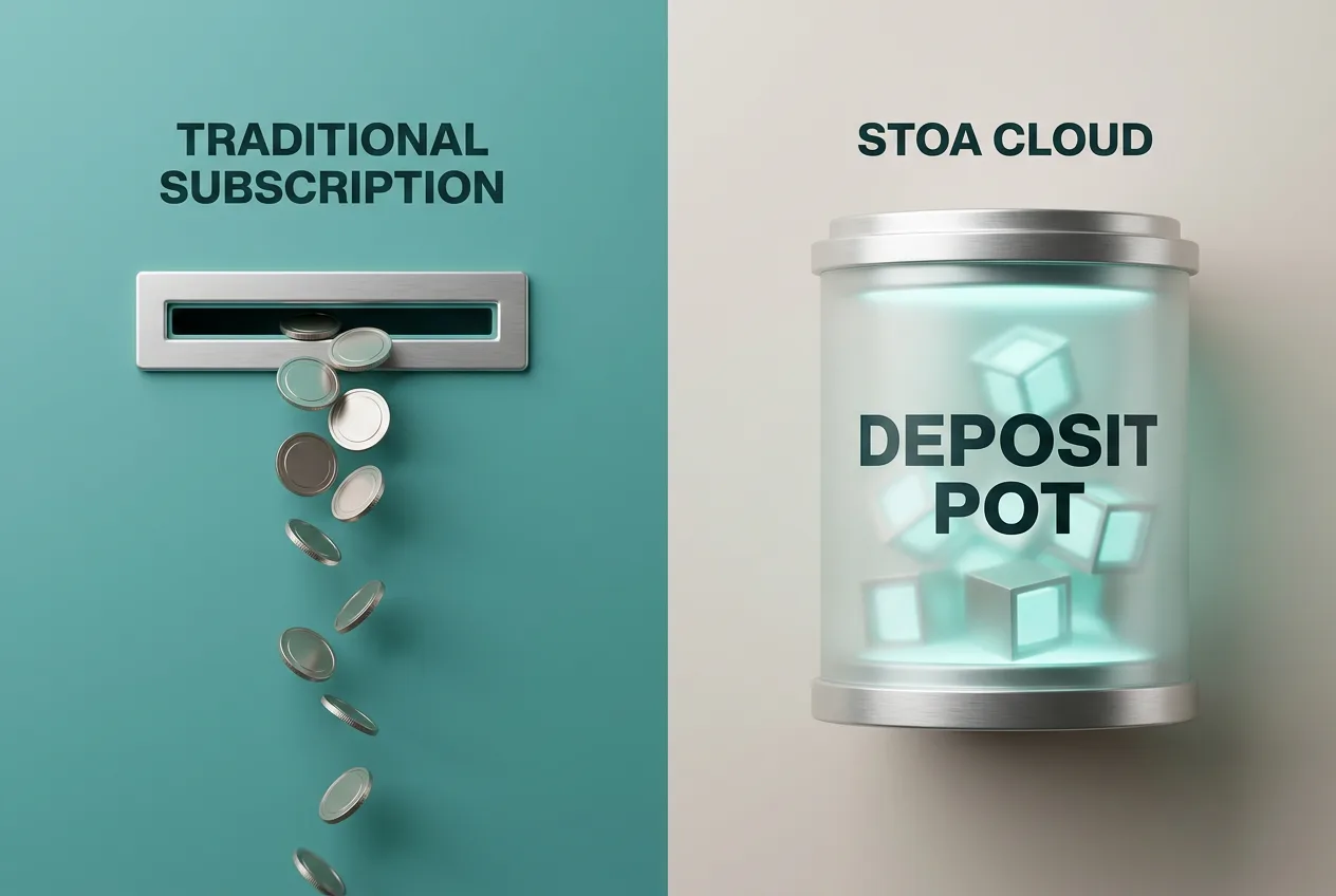 Infographic comparing subscription fees to a locked deposit pot for Stoa Cloud storage.