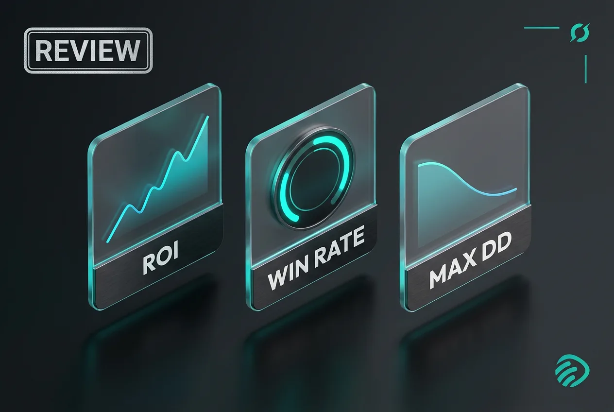 Infographic showing copy trader performance metrics including ROI, win rate, and maximum drawdown.