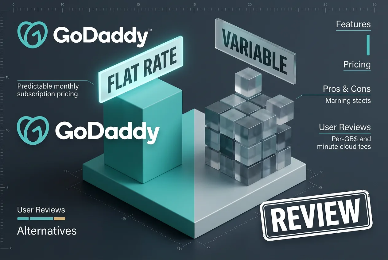 3D infographic comparing GoDaddy flat rate hosting pricing with variable per-gigabyte cloud costs