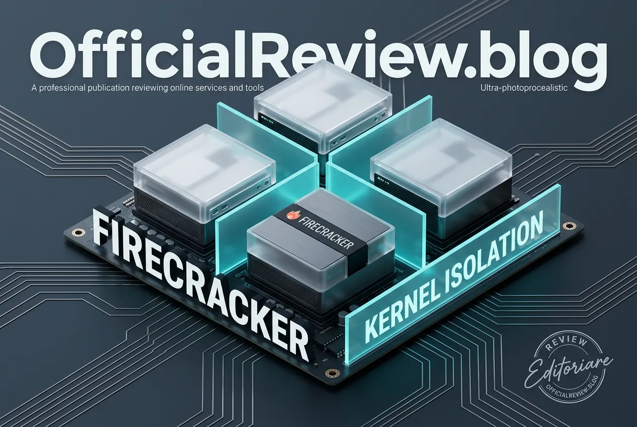 3D diagram of Firecracker microVM architecture showing isolated hardware units separated by glowing barriers.
