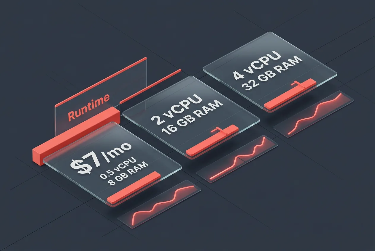 Aiven Runtime pricing structure and resource tier infographic showing starter pricing and CPU allocation.