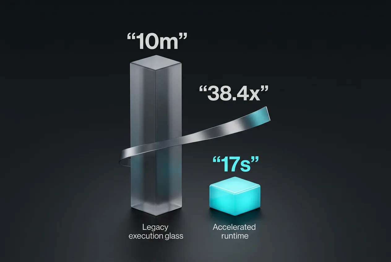 Performance comparison chart showing doubleAI Maxwell benchmark speedup from 10 minutes down to 17 seconds.