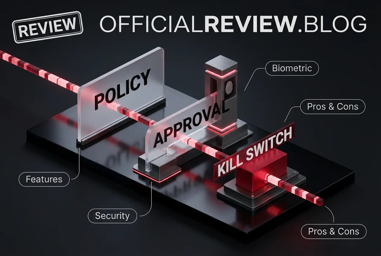 3D security workflow infographic showing policy checks, human approval, and kill switch for AI agents.