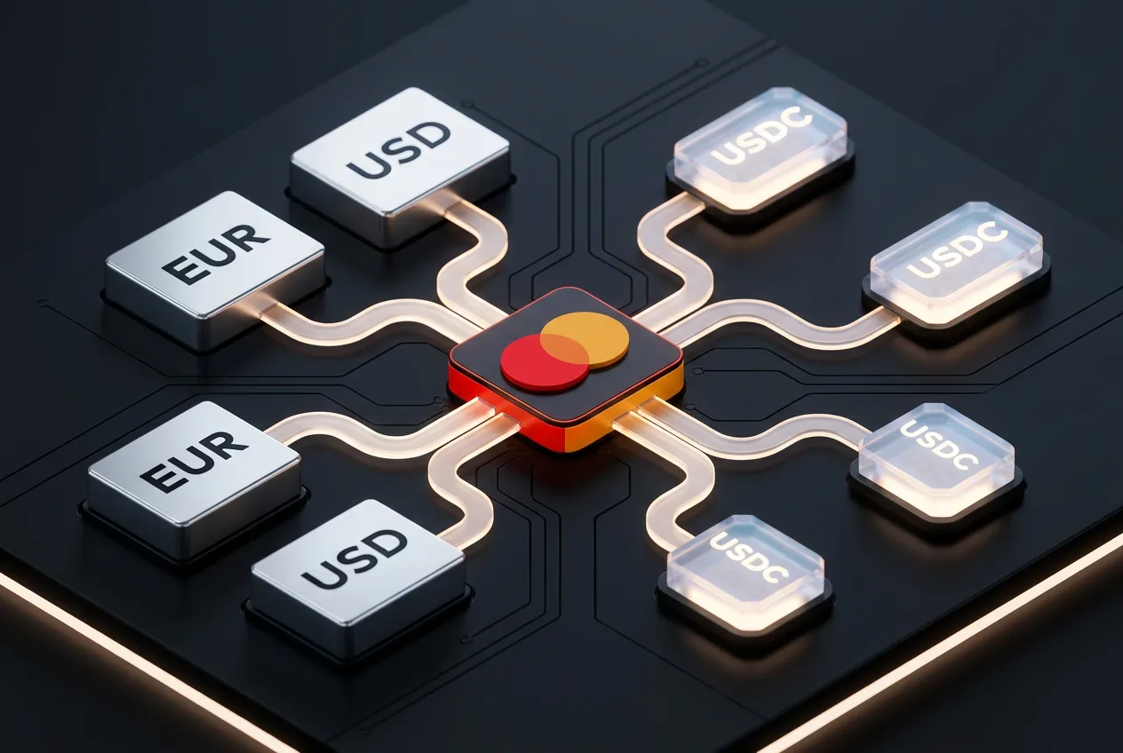 Isometric 3D infographic of Mastercard API bridge linking fiat accounts with USDC stablecoin rails.